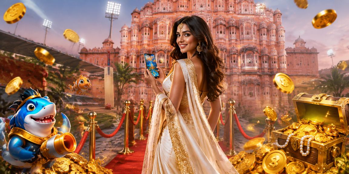 A young woman enjoying Rummy gaming on mobile in Jaipur near Hawa Mahal